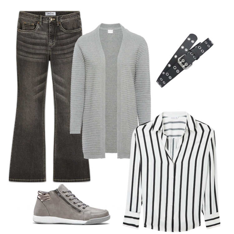 Outfit donna - Total look #1989456. Stile Casual per Tutti i giorni. Abbinamento con sneakers alte, jeans a zampa, cardigan a maniche lunghe grigio, camicie, cinture.