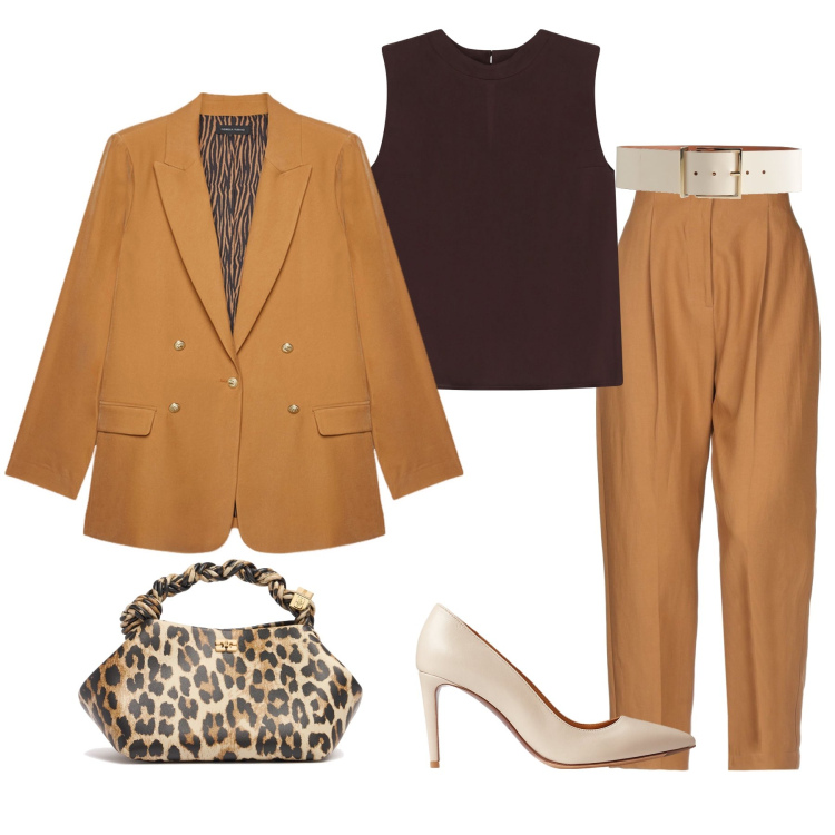 Outfit donna - Marrone e beige. Stile Casual per Ufficio. Abbinamento con pantaloni, cinture, top, décolleté, blazer, borse a mano.