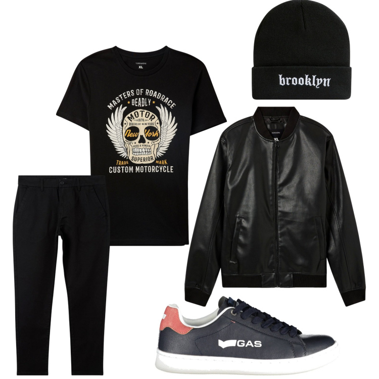 Outfit uomo - Abbigliamento da biker. Stile Biker Rock per Tutti i giorni. Abbinamento con bomber, t-shirt, berretti, pantaloni chino, sneakers.