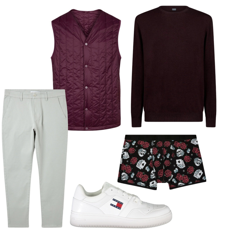 Outfit uomo - Boxer gotico. Stile Casual per Tutti i giorni. Abbinamento con pantaloni chino, boxer, maglieria, piumini, sneakers.