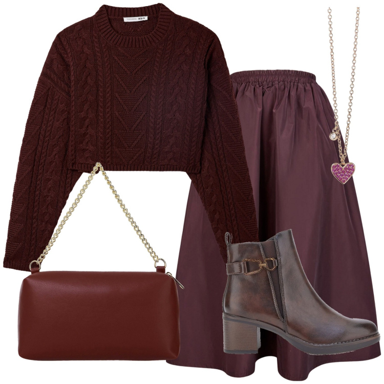 Outfit donna - Total look. Stile Chic per Serata fuori. Abbinamento con maglieria, collane, borse a tracolla, stivaletti, gonne lunghe.