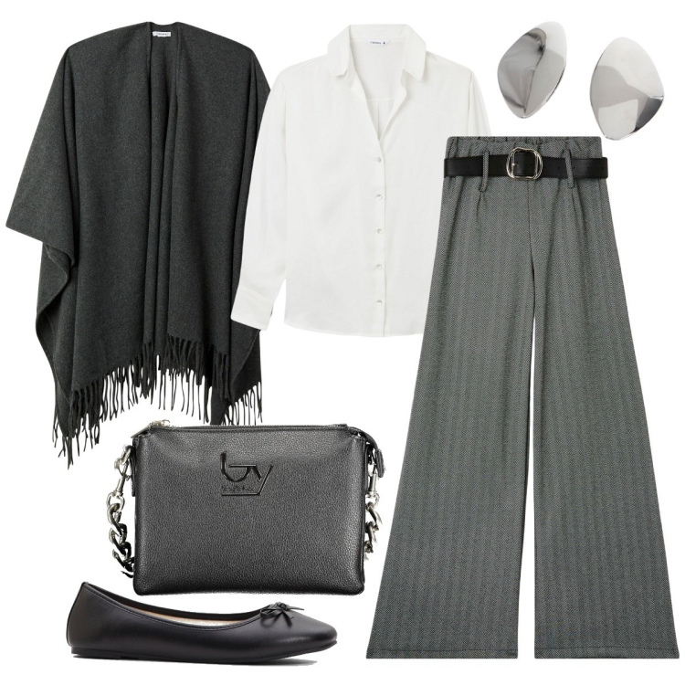 Outfit donna - Grigio di charm. Stile Minimal per Ufficio. Abbinamento con ballerine, pantaloni, camicie, cappe, orecchini, borse a spalla.
