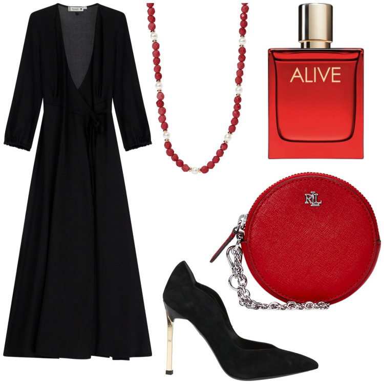 Outfit donna - Fascino da vampira. Stile Sexy per Serata fuori. Abbinamento con décolleté, profumi, collane, vestiti lunghi, pochette.