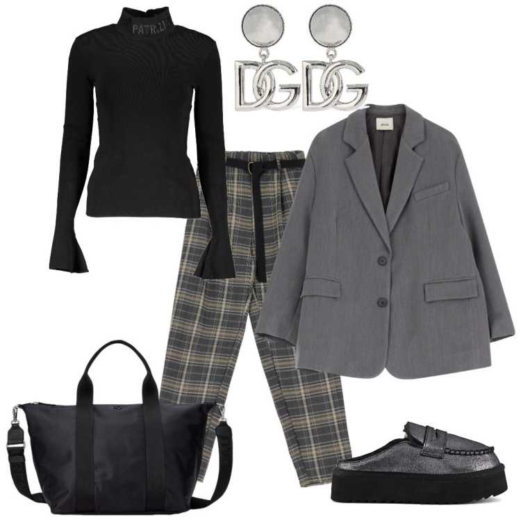 Outfit donna - Fumo di londra. Stile Trendy per Tutti i giorni. Abbinamento con pantaloni, blazer, borse tote, mocassini, maglieria, orecchini.