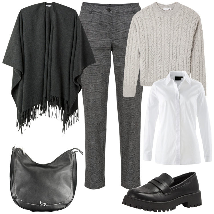 Outfit donna - Sfumature di grigio. Stile Casual chic per Ufficio. Abbinamento con pantaloni, camicie, maglieria, cappe, mocassini, borse a spalla.