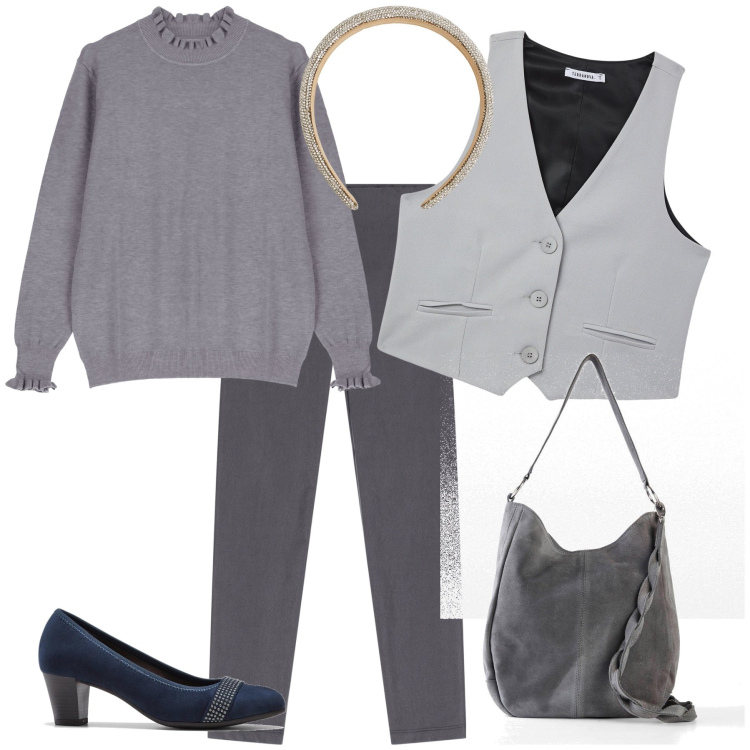 Outfit donna - Ufficio in gilè. Stile Urban per Ufficio. Abbinamento con décolleté, borse a mano, gilet, cerchietti, pantaloni skinny, maglieria.