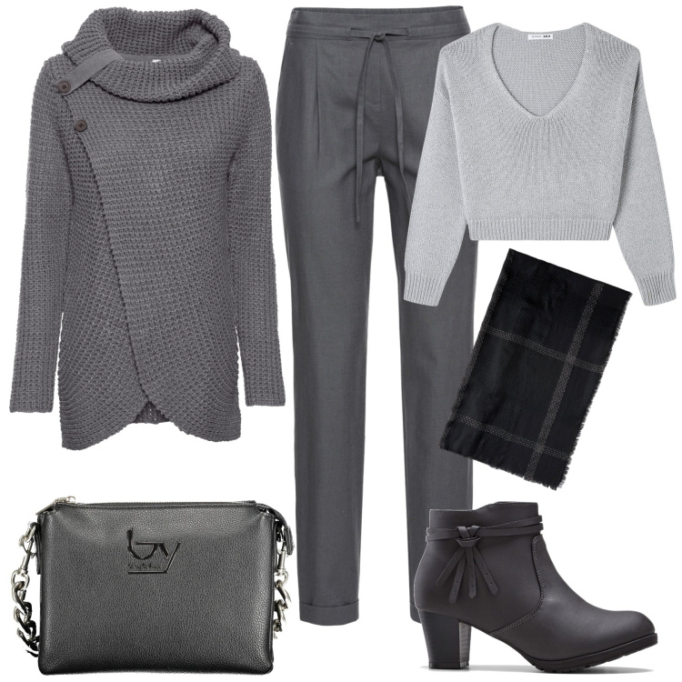 Outfit donna - Grigio in autunno. Stile Casual chic per Tutti i giorni. Abbinamento con pantaloni, maglieria, stivaletti, maglieria, borse a spalla, sciarpe.