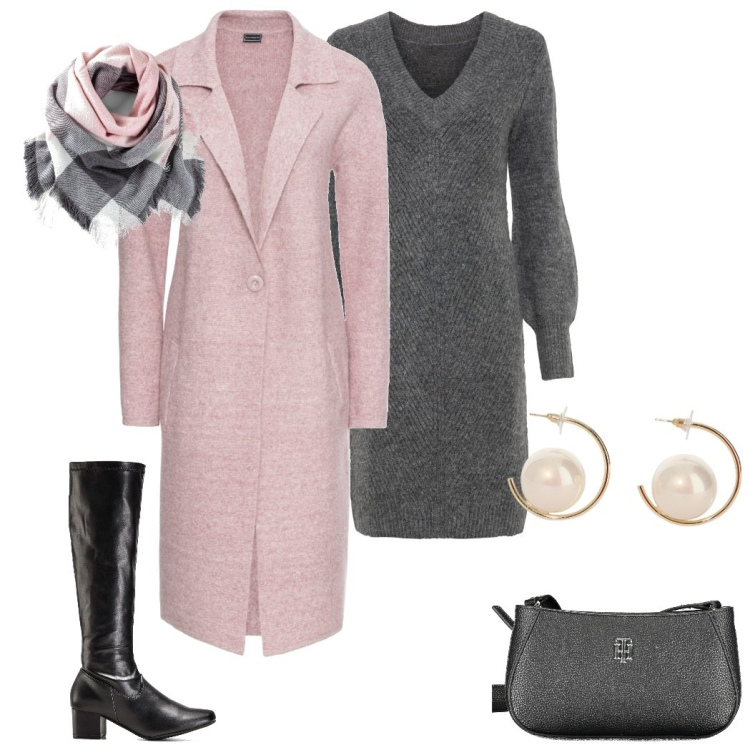 Outfit donna - Grigio&rosa. Stile Bon Ton per Ufficio. Abbinamento con vestiti, cappotti, foulard, stivali, orecchini, borse a tracolla.
