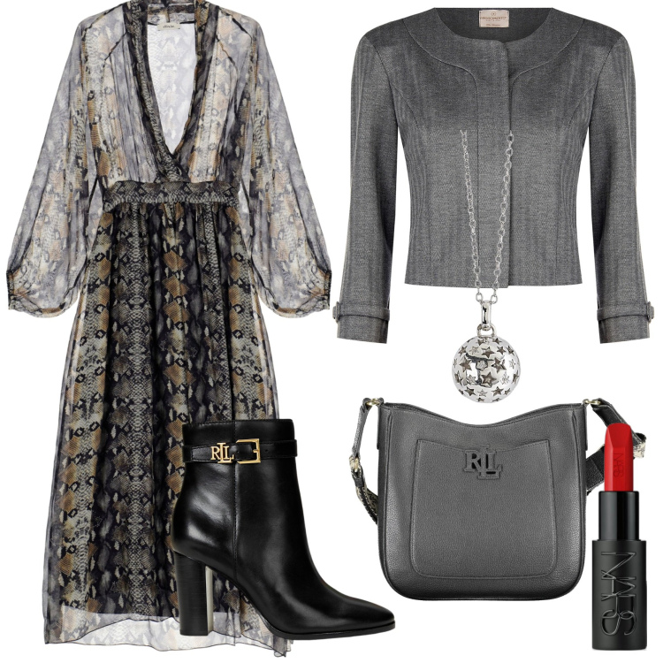 Outfit donna - Chic in grey. Stile Chic per Serata fuori. Abbinamento con rossetti, ciondoli, blazer, stivaletti, vestiti, borse a tracolla.