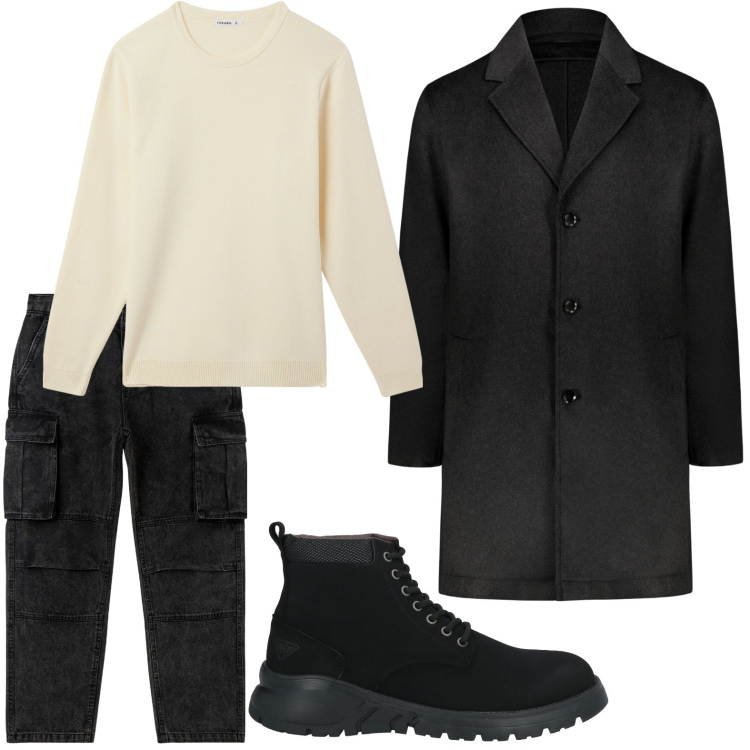 Outfit uomo - Il cappotto nero must have. Stile Casual per Tutti i giorni. Abbinamento con stivali e stivaletti, maglieria, jeans, cappotti.