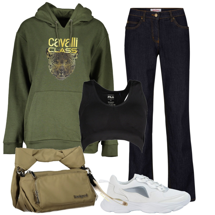Outfit donna - Total look #1989553. Stile Casual per Tutti i giorni. Abbinamento con jeans dritti, sneakers, felpe con cappuccio, borse a spalla, reggiseni a balconcino.