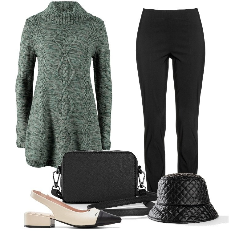 Outfit donna - Total look #1989558. Stile Casual chic per Scuola/Università. Abbinamento con maglieria, borse a tracolla, cappelli con visiera, décolleté, pantaloni.