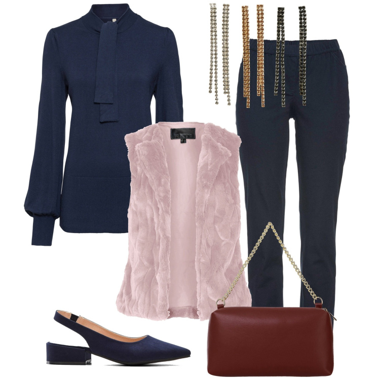 Outfit donna - Total look #1989564. Stile Chic per Serata fuori. Abbinamento con maglieria, gilet, pantaloni, décolleté, orecchini, borse a tracolla.