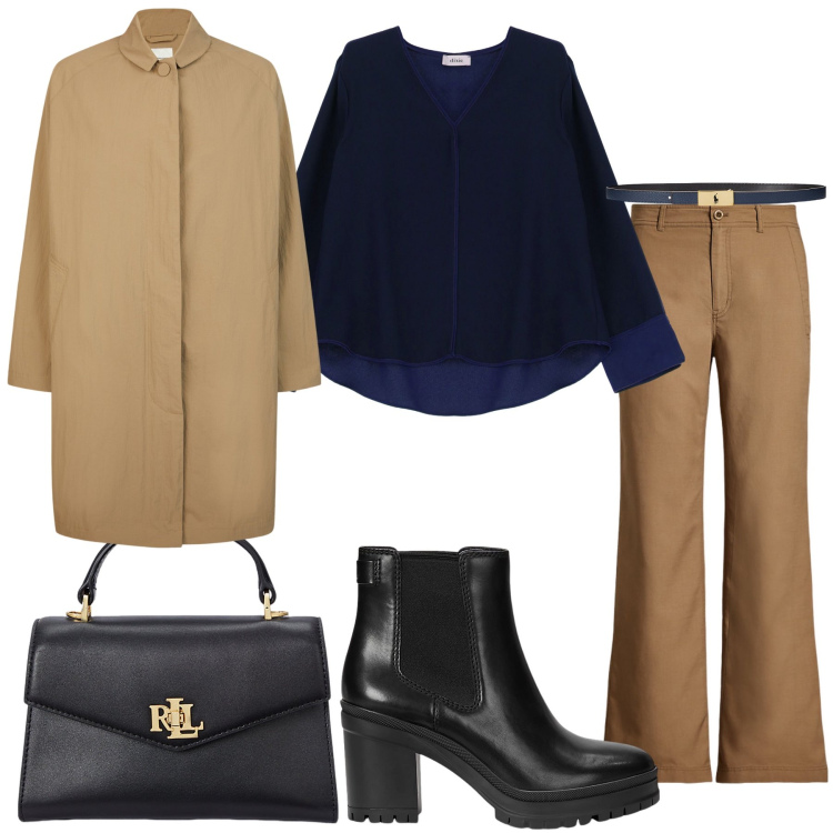 Outfit donna - Blu e beige. Stile Casual per Ufficio. Abbinamento con camicie, borse a mano, pantaloni, cinture, stivaletti chelsea, trench.