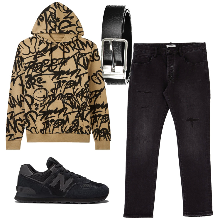 Outfit uomo - City. Stile Casual per Tutti i giorni. Abbinamento con felpe con cappuccio, sneakers, jeans slim fit, cinture.