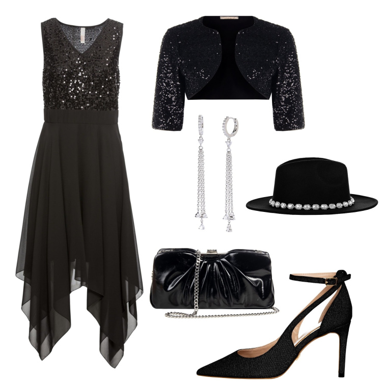 Outfit donna - Le Streghe Di Eastwick: strass !. Stile Chic per Serata fuori. Abbinamento con vestiti midi/longuette, orecchini, cappelli, pochette, bolero, décolleté.