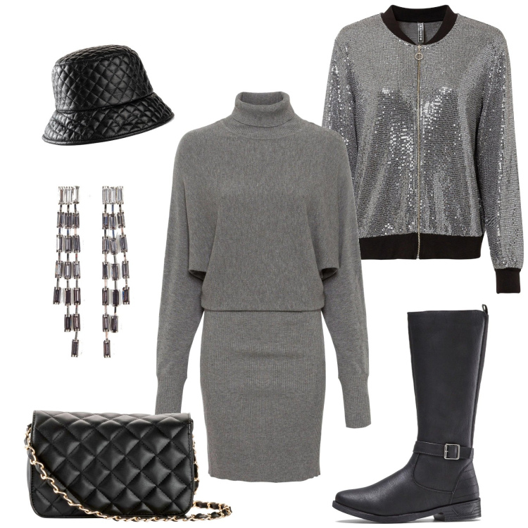 Outfit donna - Sfumature invernali di grigio. Stile Glamour per Tutti i giorni. Abbinamento con vestiti, borse a tracolla, cappelli con visiera, stivali, bomber, orecchini.