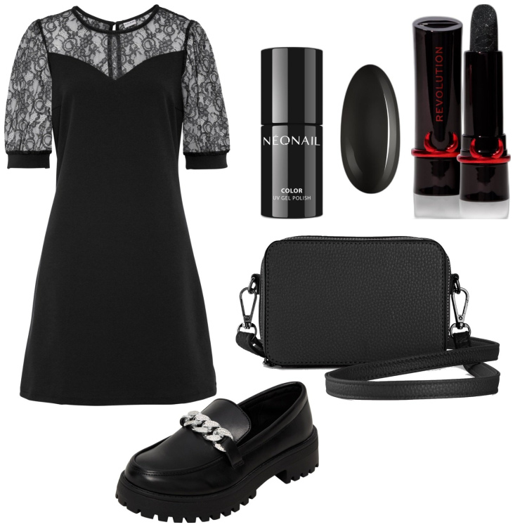 Outfit donna - Mercoledì. Stile Rock per Serata fuori. Abbinamento con vestiti corti, borse a tracolla, rossetti, smalti, mocassini.