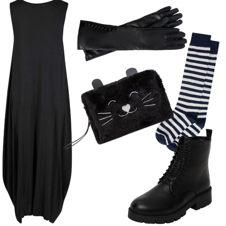 Outfit donna - Morticia. Stile Vintage retrò per Cerimonia. Abbinamento con vestiti lunghi, anfibi, valigie, guanti, collant.