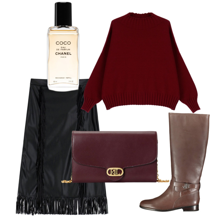Outfit donna - Frange. Stile Chic per Tutti i giorni. Abbinamento con profumi, gonne longuette, pullovers, borse a tracolla, stivali.