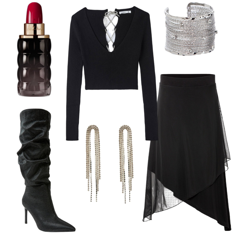 Outfit donna - Dolcetto o scherzetto. Stile Sporty chic per Serata fuori. Abbinamento con gonne, profumi, orecchini, maglieria, stivali, braccialetti.