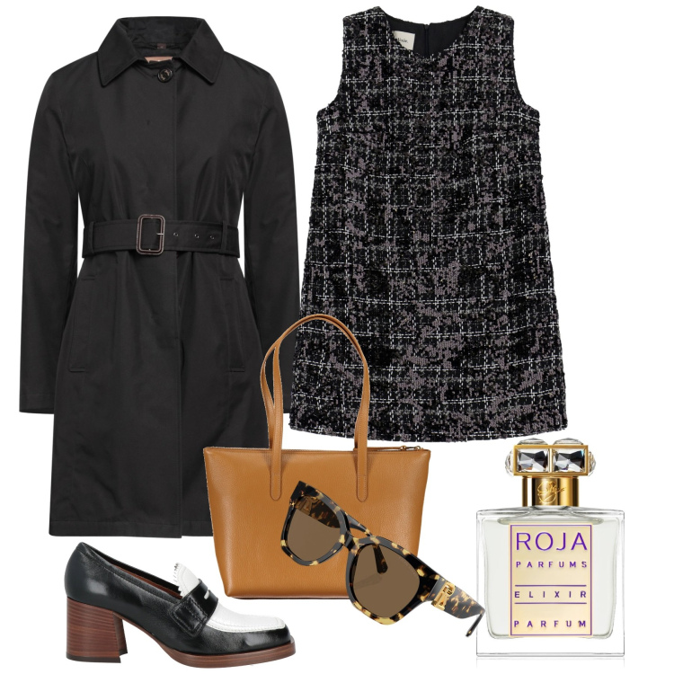 Outfit donna - City con classe. Stile Chic per Tutti i giorni. Abbinamento con mocassini, trench, profumi, vestiti corti, occhiali da sole, borse a spalla.