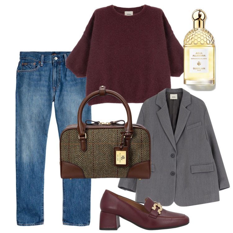 Outfit donna - City. Stile Casual chic per Tutti i giorni. Abbinamento con mocassini, profumi, pullovers, blazer, jeans, borse a mano.