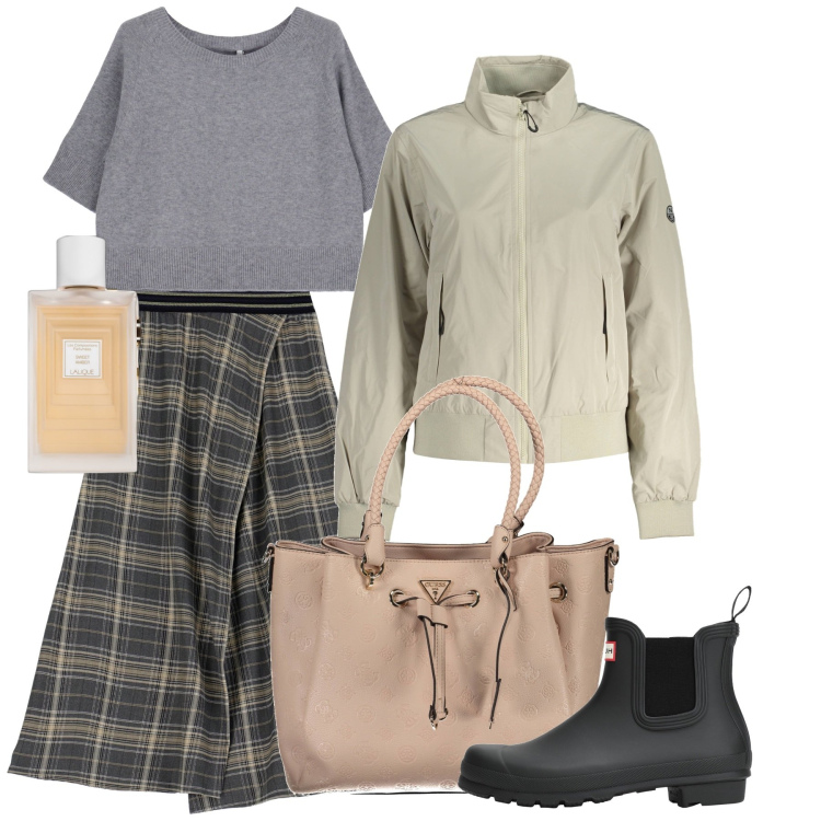 Outfit donna - Lalique. Stile Chic per Tutti i giorni. Abbinamento con stivaletti, profumi, maglieria, gonne lunghe, borse a spalla, blazer.