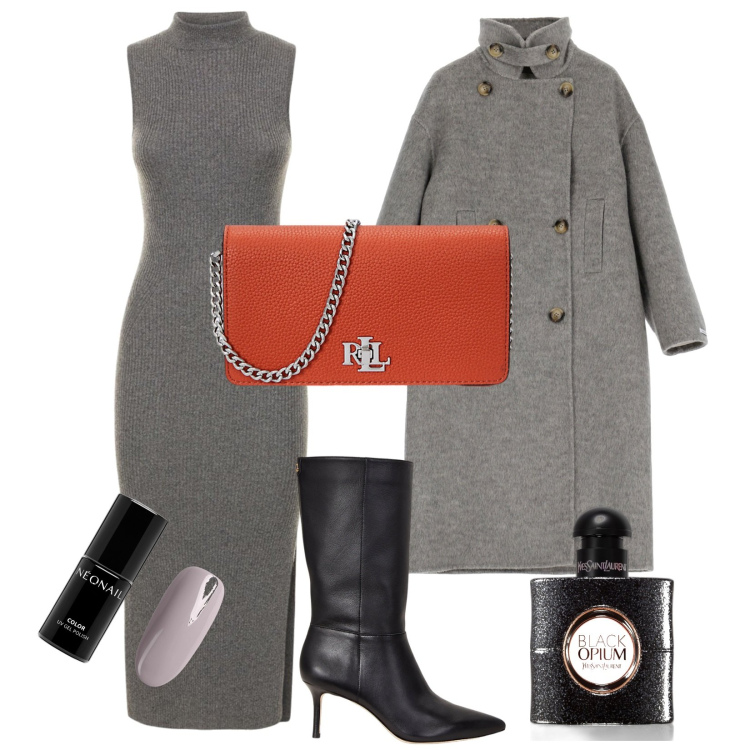 Outfit donna - Grigio chic. Stile Minimal per Ufficio. Abbinamento con profumi, smalti, cappotti, stivali, borse a mano, vestiti.
