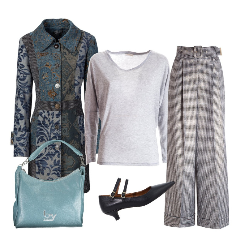 Outfit donna - Sfumature di grigio e tocco di turchese. Stile Chic per Serata fuori. Abbinamento con cappotti, pantaloni a palazzo, maglieria, décolleté, borse a spalla.