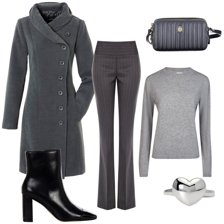 Outfit donna - Sfumature di Grigio. Stile Glamour per Serata fuori. Abbinamento con cappotti, anelli, pantaloni, stivaletti, borse a tracolla, maglieria.
