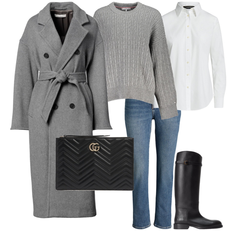 Outfit donna - grey white black & jeans. Stile Casual chic per Tutti i giorni. Abbinamento con cappotti, camicie, stivali, jeans dritti, pochette, maglieria.