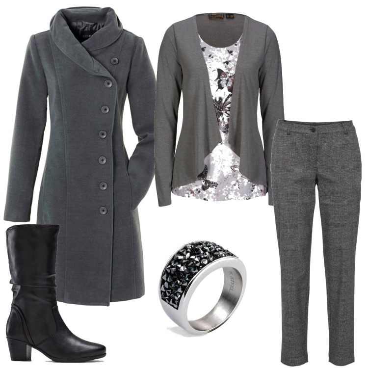 Outfit donna - Sfumature invernali. Stile Casual chic per Ufficio. Abbinamento con cappotti, pantaloni, stivali, maglieria, anelli.