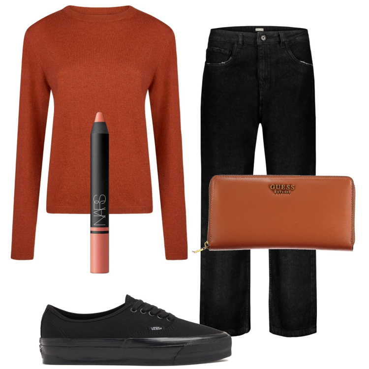 Outfit donna - Minimal. Stile Minimal per Tutti i giorni. Abbinamento con matite labbra, jeans, maglieria, portafogli, sneakers.