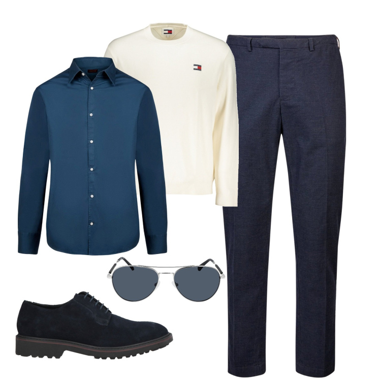 Outfit uomo - City. Stile Business/Elegante per Tutti i giorni. Abbinamento con scarpe stringate, camicie, pantaloni, maglieria, occhiali da sole.