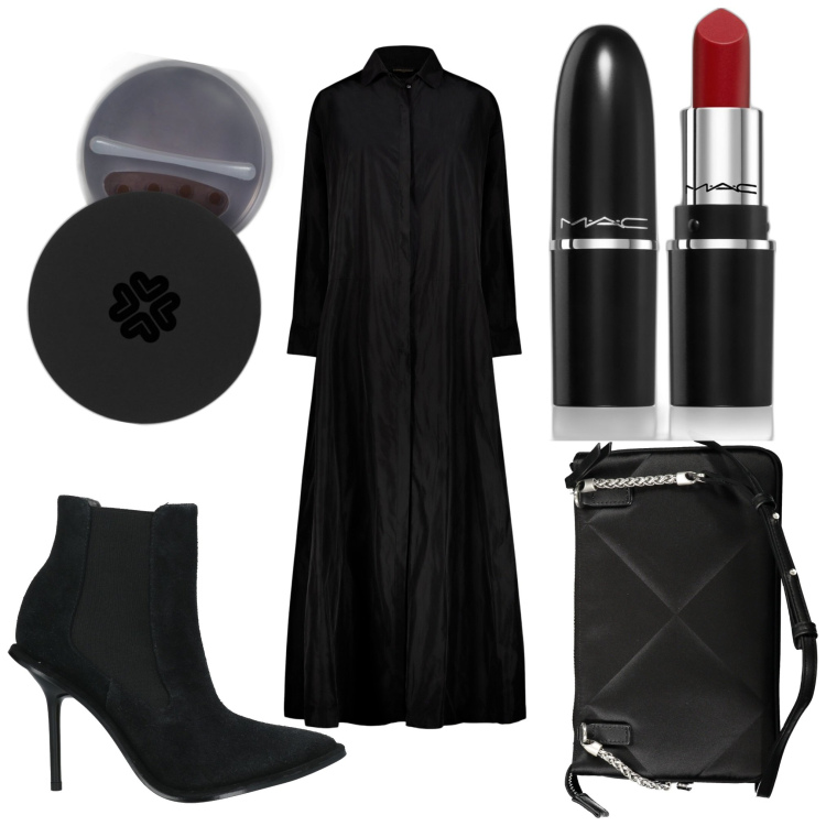 Outfit donna - Morticia Addams. Stile Chic per Serata fuori. Abbinamento con stivaletti, rossetti, ombretti, vestiti, borse a tracolla.