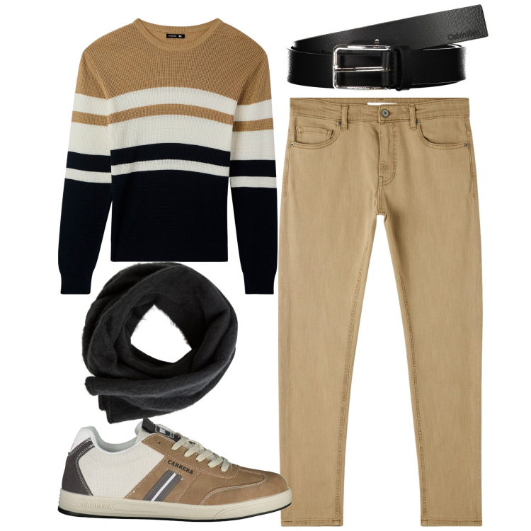 Outfit uomo - Total look #1989712. Stile Urban per Tutti i giorni. Abbinamento con sciarpe e foulard, pantaloni skinny, maglieria, cinture, sneakers.