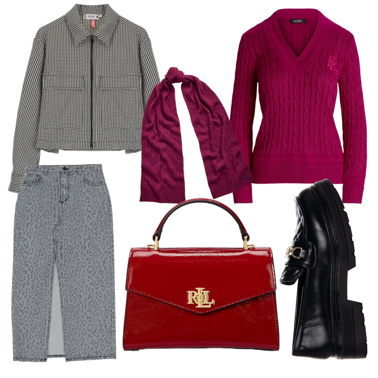 Outfit donna - Grigio e burgundy. Stile Casual chic per Ufficio. Abbinamento con gonne lunghe, blazer, mocassini, sciarpe, maglieria, borse a mano.