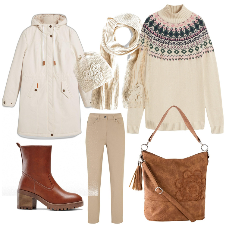 Outfit donna - Chiaro inverno. Stile Casual per Tutti i giorni. Abbinamento con pantaloni, stivaletti, borse a mano, maglieria, sciarpe, blazer.