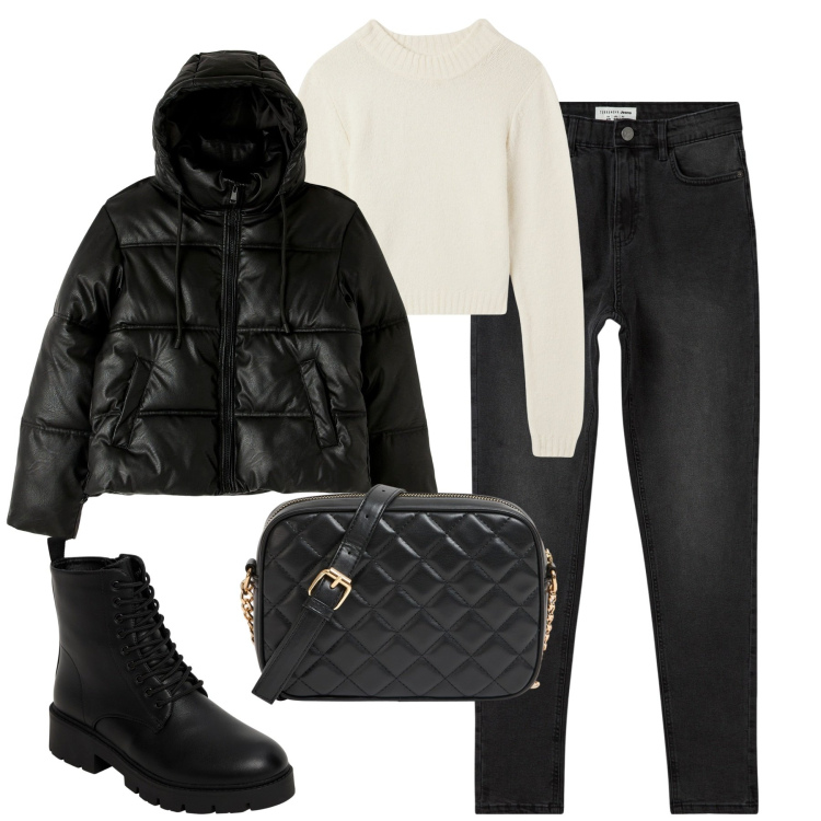 Outfit donna - City. Stile Casual per Tutti i giorni. Abbinamento con jeans skinny, piumini, anfibi, borse a tracolla, maglieria.