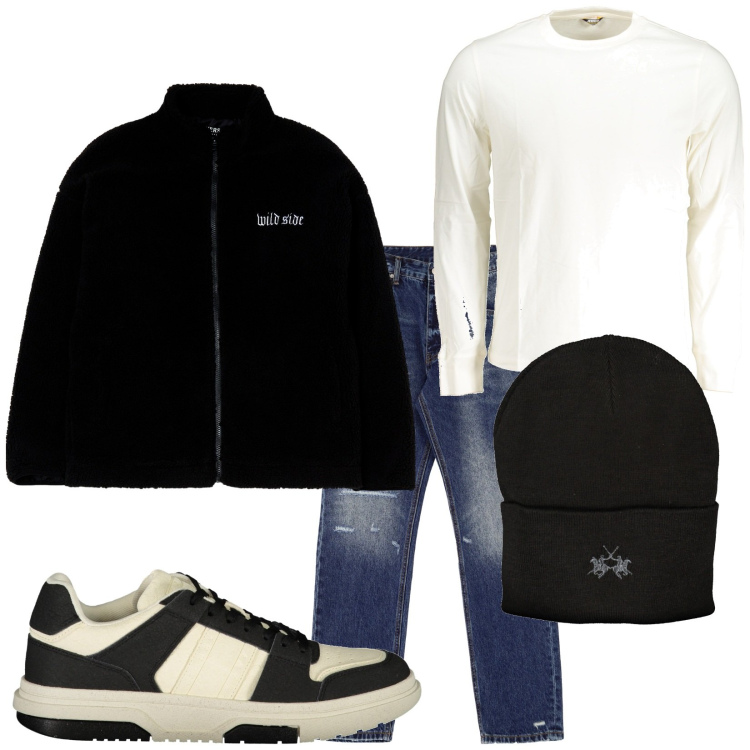 Outfit uomo - Total look #1989765. Stile Urban per Tutti i giorni. Abbinamento con giacche, jeans dritti, t-shirt, berretti, sneakers.