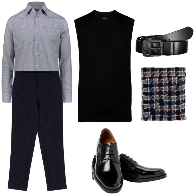 Outfit uomo - Total look #1989767. Stile Business/Elegante per Ufficio. Abbinamento con sciarpe, pantaloni, scarpe stringate, gilet, camicie, cinture.