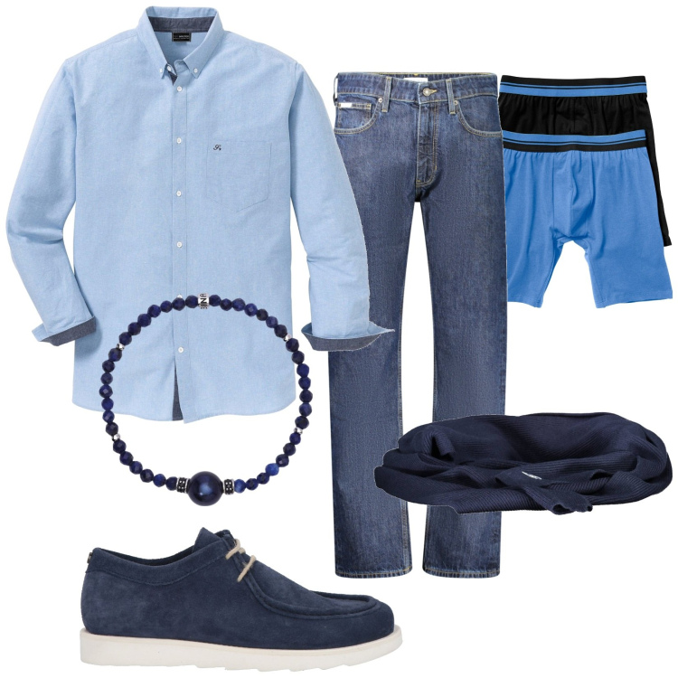 Outfit uomo - Total look #1989770. Stile Casual per Tutti i giorni. Abbinamento con camicie, boxer, scarpe stringate, braccialetti, jeans dritti, sciarpe.