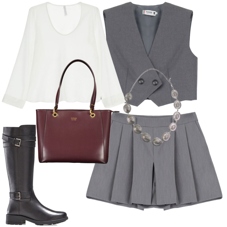 Outfit donna - City. Stile Trendy per Tutti i giorni. Abbinamento con stivali, cinture, gilet, gonne, camicie, borse a spalla.