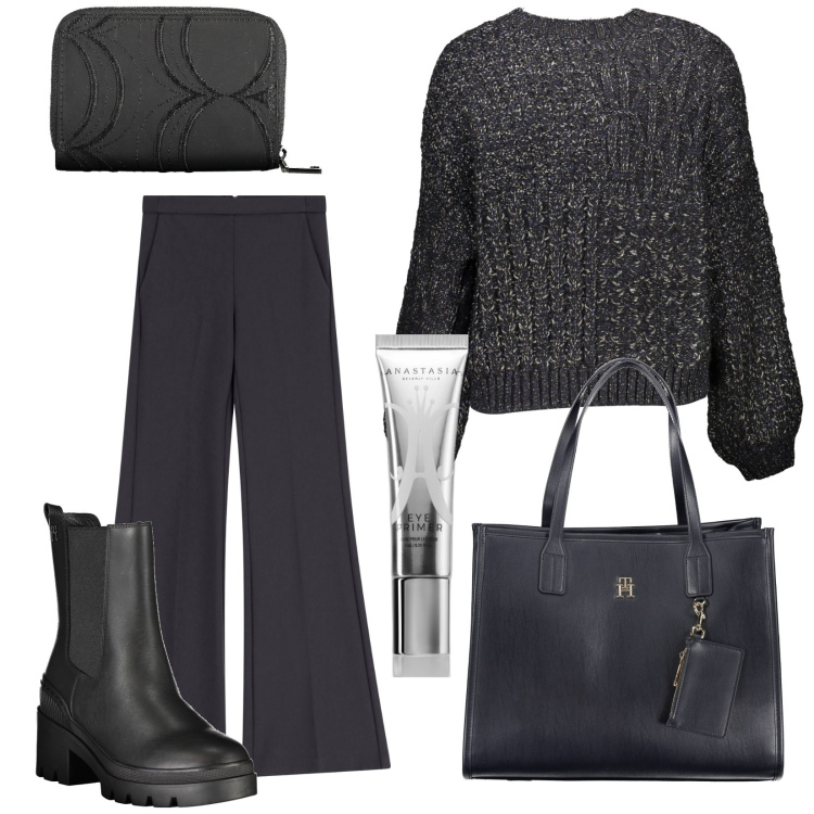 Outfit donna - GriGio. Stile Basic per Tutti i giorni. Abbinamento con primer, pantaloni, maglieria, stivali, borse a spalla, portafogli.