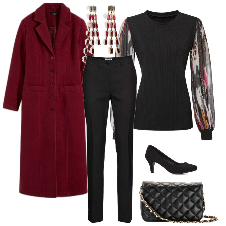 Outfit donna - Let\'s a party. Stile Glamour per Serata fuori. Abbinamento con pantaloni, décolleté, borse a tracolla, orecchini, maglieria, cappotti.