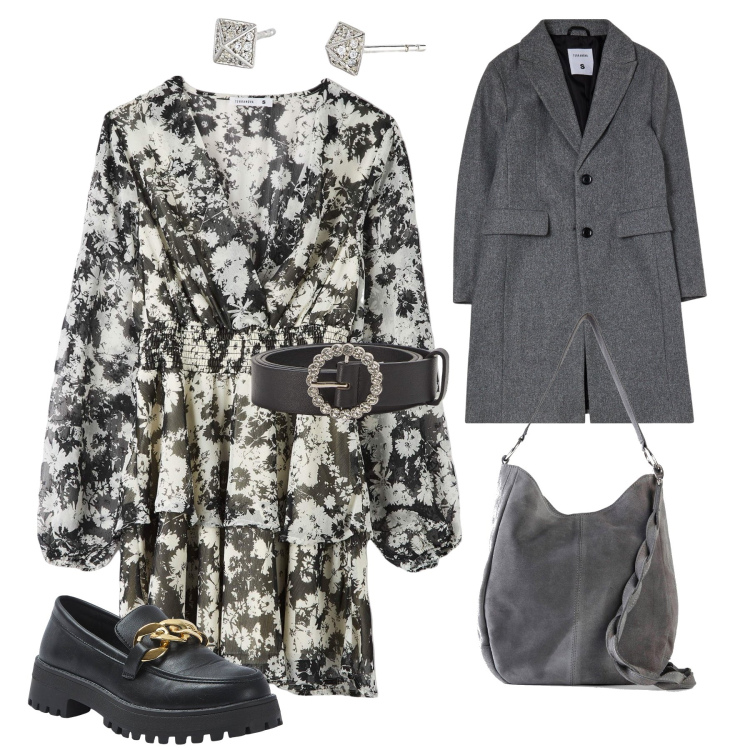 Outfit donna - I love grey. Stile Trendy per Tutti i giorni. Abbinamento con borse a mano, vestiti corti, cinture, mocassini, cappotti, orecchini.