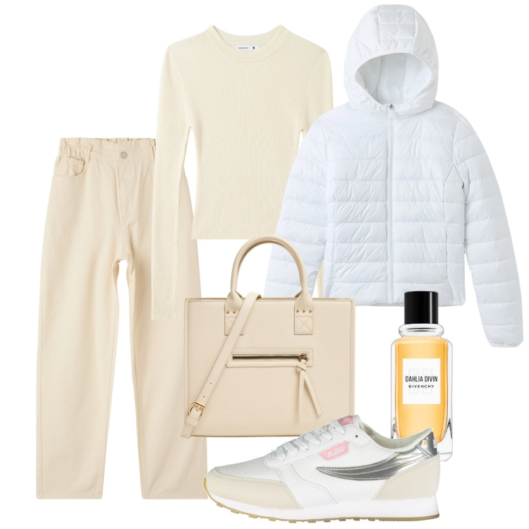 Outfit donna - White comfy. Stile Urban per Tutti i giorni. Abbinamento con profumi, pantaloni, maglieria, blazer, shopping bag, sneakers.