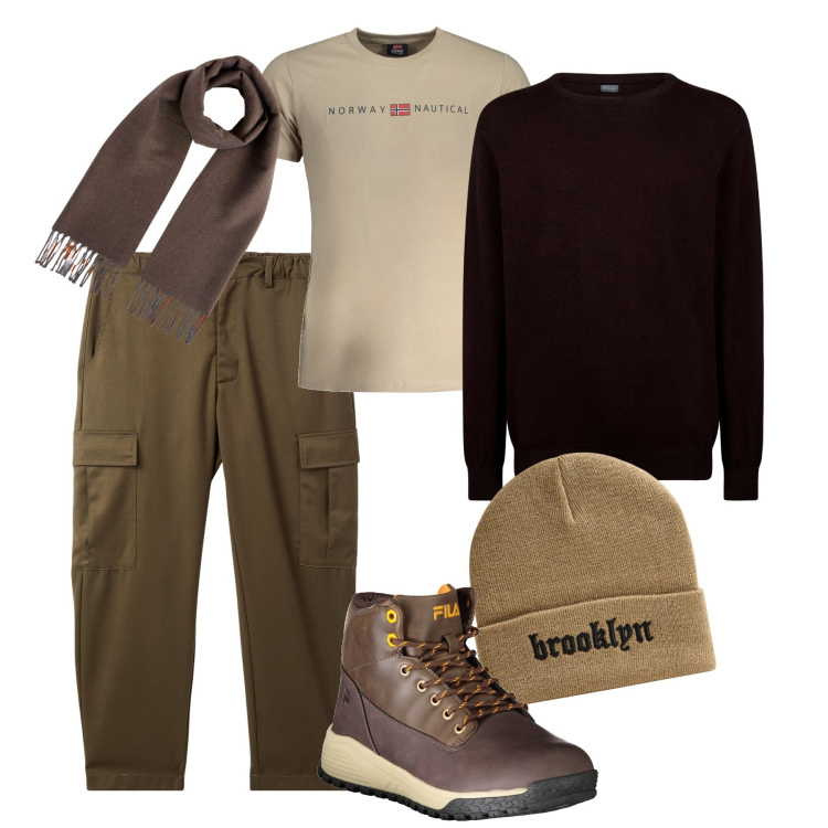 Outfit uomo - In gita. Stile Casual per Tutti i giorni. Abbinamento con berretti, pantaloni cargo, maglieria, t-shirt, stivali, sciarpe.