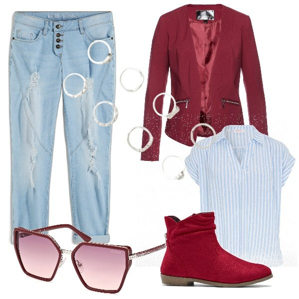 Outfit donna - Casual con un tocco di eleganza. Stile Casual chic per Tutti i giorni. Abbinamento con blazer, stivaletti, bluse, jeans boyfriend, anelli, occhiali da sole.